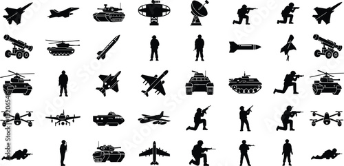 Military equipment and soldier silhouette icon set, army vehicles aircraft weapons collection, black flat vector illustration design