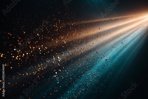 Light beams filtering through dark water create a stunning display of particles and colors in a deep space