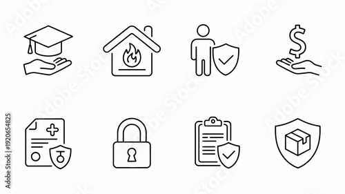 Essential icons representing education, housing, security, and financial services isolated on white background, Vector, illustration