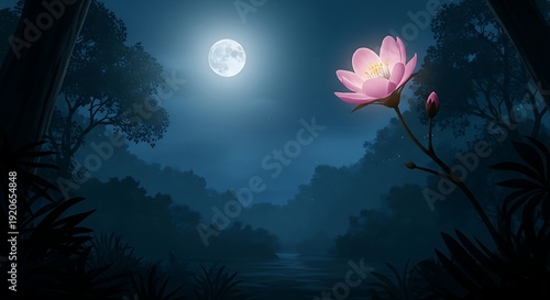 Wallpaper Mural Serene Night Scene with Pink Lotus Flower. Torontodigital.ca