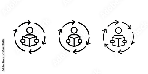 Continuous learning icon set featuring person reading book surrounded by circular arrows representing lifelong education self improvement knowledge growth