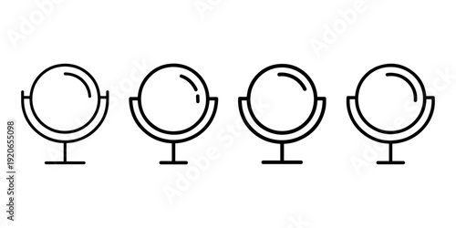 Four simple black line art icons of vanity mirrors with stands, arranged horizontally on a white background, for makeup and beauty