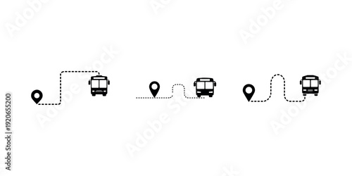 Bus route with location pin and dashed line, illustrating travel, journey, transportation, navigation, delivery, and public transit network
