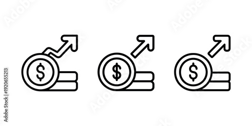 Financial growth coin icon showing dollar symbol with rising arrow representing profit investment success economy business increase money market prosperity