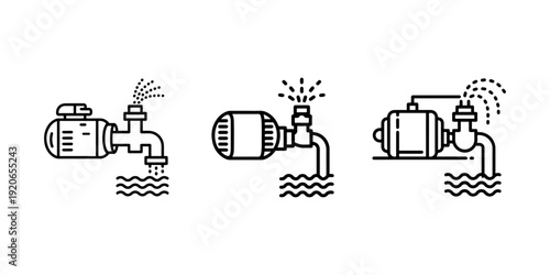 Water pump system with flowing water, depicting irrigation, plumbing, water supply, fluid transfer, and industrial or agricultural use