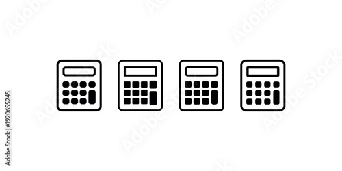 Four simple black line art icons of calculators lined up horizontally on a white background, representing calculations and mathematics