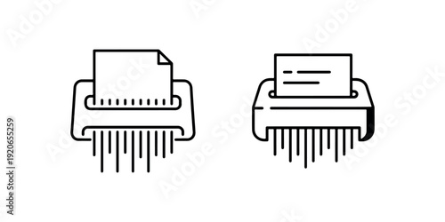 Two simple black line art icons of paper shredders, one with a document and other with shredded paper, indicating data destruction