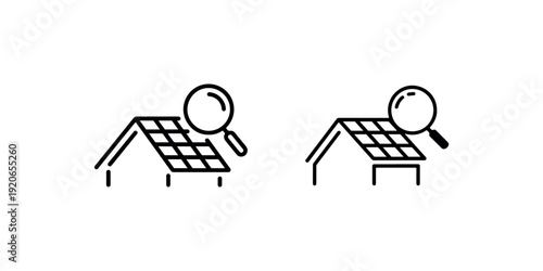 Two simplified icons showing magnifying glass over roof tiles, one with clear lines and other with grid pattern, symbolizing inspection