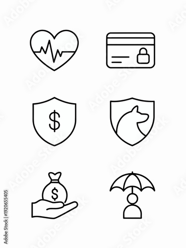 Essential icons representing security, health, and financial services. isolated on white background, Vector, illustration