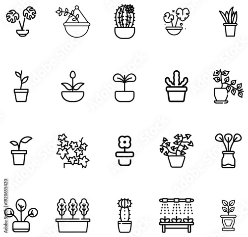 Collection of Potted Plants and Gardening in Outline Style White Background houseplant