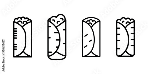 Burrito icons set on white background, representing mexican fast food item wrapped in tortilla with various fillings, perfect for food menus