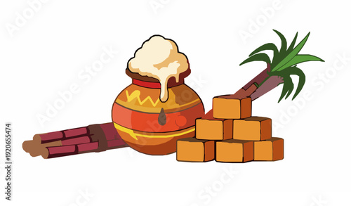 Pongal festival pot with jaggery and sugarcane vector illustration