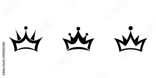 Set of minimalist black crown icons with different shapes representing royalty authority and success for brand identity luxury logos and premium design