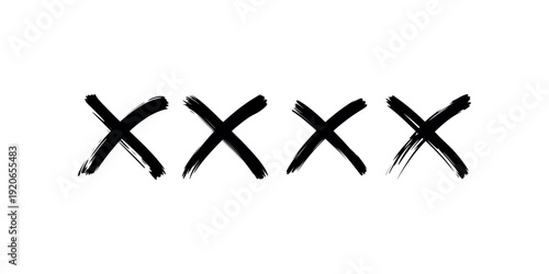 Set of four black brush stroke cross marks isolated on white background depicting hand drawn artistic x symbols for vote cancel delete or choice concepts