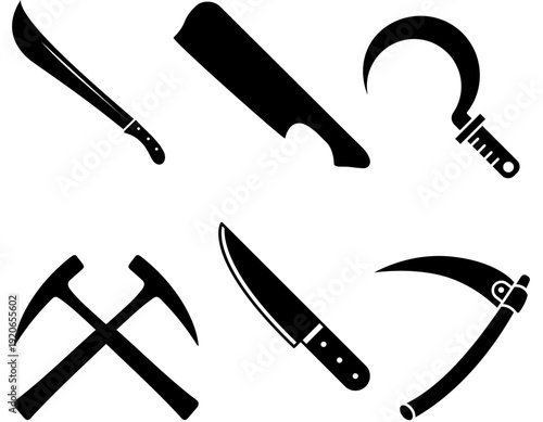 Silhouettes of various sharp-bladed tools and agricultural implements including a machete, cleaver, sickle, pickaxe, knife, and scythe.