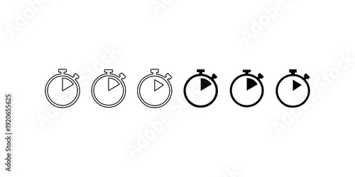 Stopwatch play button icon set showing countdown progress with thin and bold outline styles for video player timing measurement and media playback control