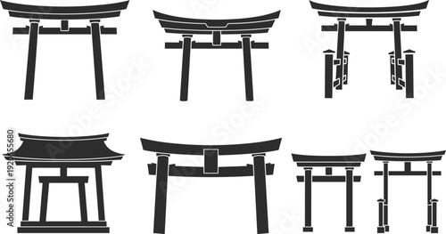 PrintTorii gate collection, Japanese shrine entrance, traditional architecture, cultural heritage, spiritual symbol, design variation, artistic inspiration