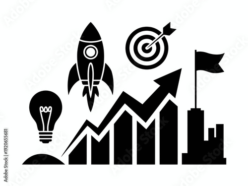 Achieving growth and success through innovation and strategic planning isolated on white background, Vector, illustration