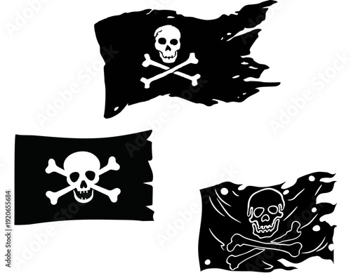 Three distressed black pirate flags with white skull and crossbones designs, symbolizing danger and adventure.