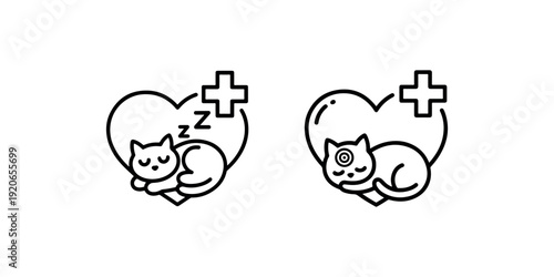 Cute line art icons of cats on hearts with plus signs, symbolizing pet care, veterinary services, love for animals, and healthy pets.