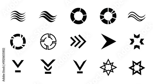 Collection of black vector icons: waves, lifebuoys, arrows, stars, and directional symbols