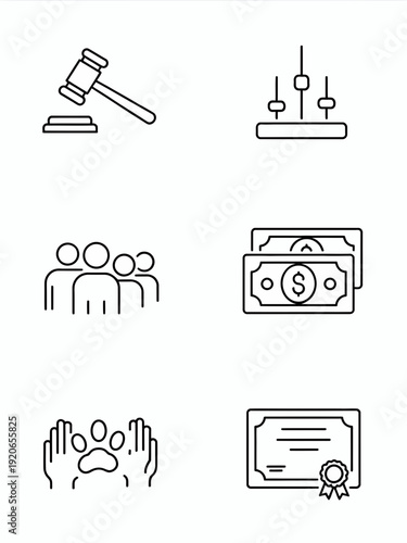 Illustrations of fundamental legal and judicial process symbols isolated on white background, Vector, illustration