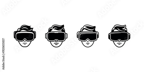 Four graphic icons of person wearing VR headset, virtual reality goggles on heads, futuristic technology concept, metaverse exploration