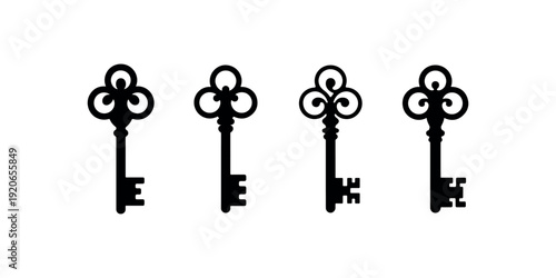 Collection of four antique skeleton keys with ornate bow, vintage metal keys illustration on plain white background, retro access