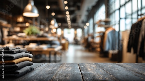 Clothes are displayed on shelves in a store with wooden tables and soft lighting during daylight hours