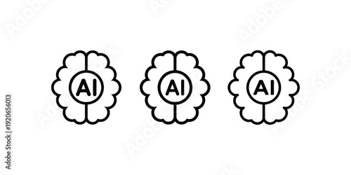 Artificial intelligence brain icons set featuring brain shape with ai text inside for machine learning and cognitive computing technology concept design