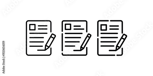 Document writing icons set with paper sheet and pencil representing content creation blogging and administrative tasks for business and education purposes