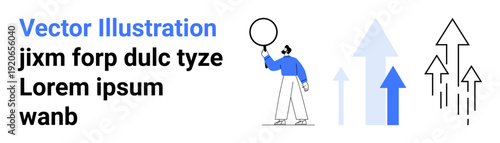 Man holding a round balloon, standing beside black and blue arrows pointing upward. Ideal for growth, success, progress, achievement, leadership, business, and simple landing page