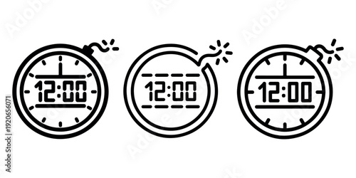 Clock bomb with a burning fuse, showing the time 12:00. deadline concept in business. time limit vector icon. explosive alarm clock symbol
