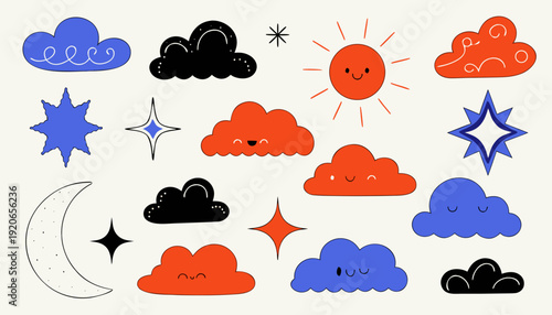 Very beautiful simple cartoon collection of clouds, sun, moon, and stars illustrated in soft flat style, forming a charming celestial set suitable for bedtime themes and playful design layouts.