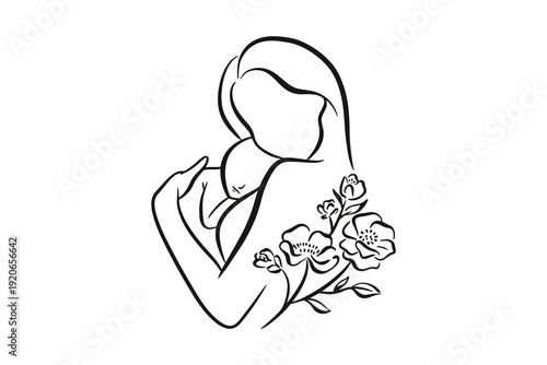 Abstract Mother Holding Sleeping Baby With Floral Elements Sketch Design