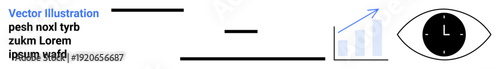 Data analysis, time tracking, vision, business growth, monitoring, conceptual design. Clock icon within an eye and a bar chart on a white background. Data analysis and time tracking concepts