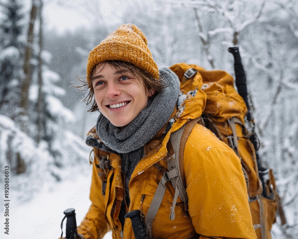 Fototapeta premium Young hiker smiles while exploring snowy forest in winter with backpack and warm clothing