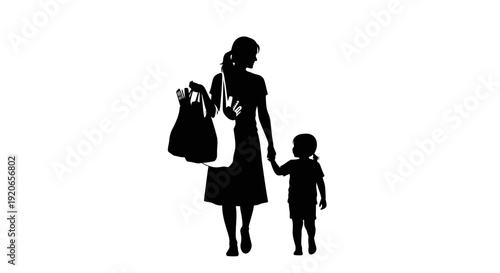 Silhouette of a mother holding a child's hand and carrying shopping bags.