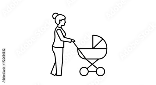 Mother Pushing Baby Stroller Line Art Illustration.