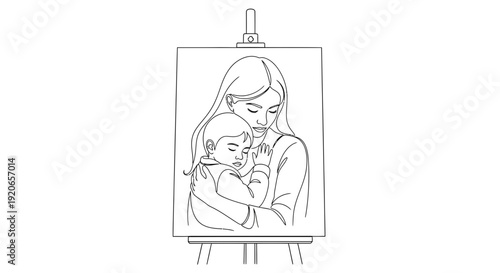 Simple line drawing of a mother holding her baby on an easel.