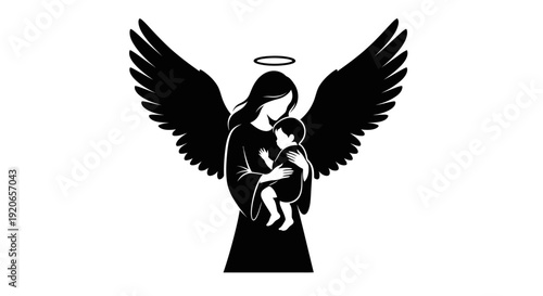 Black and white illustration of a guardian angel holding a child.
