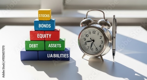 Wallpaper Mural Investment concept, blocks stacked like a pyramid, with a clock and pen, on a table Torontodigital.ca