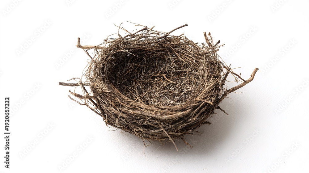 Obraz premium A testament to nature's resilience and ingenuity - a bird's nest crafted with precision against the stark white background.