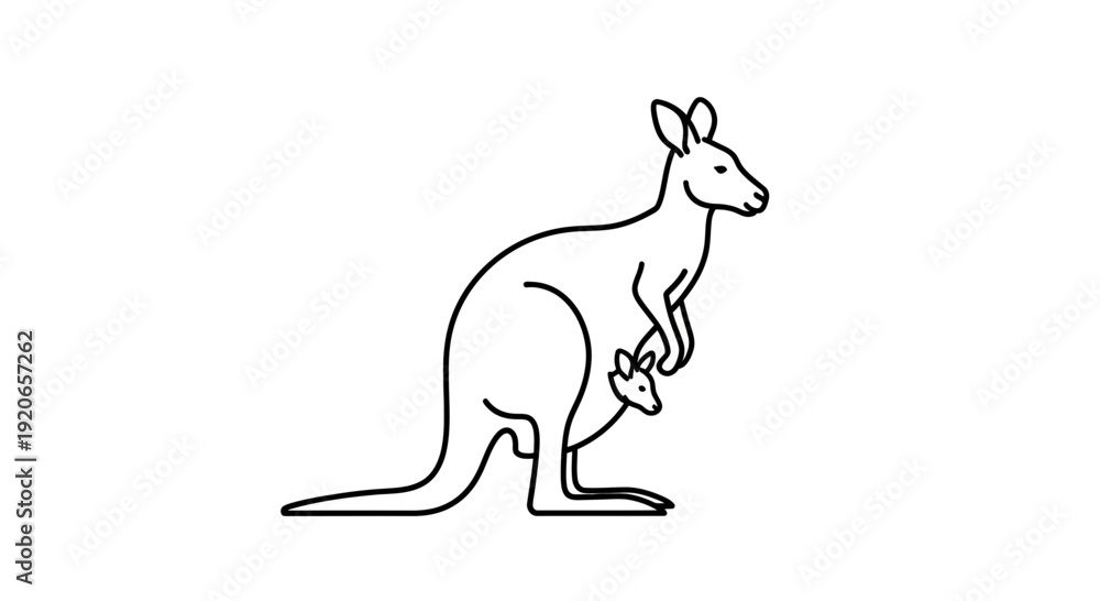 Fototapeta premium Simple line drawing of a kangaroo with a joey in its pouch.