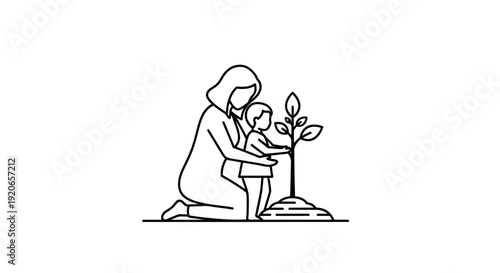 Mother and Child Planting a Tree Together in Simple Line Art.