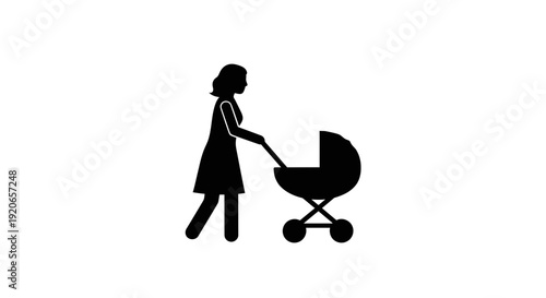 Silhouette of a mother walking with a baby stroller.