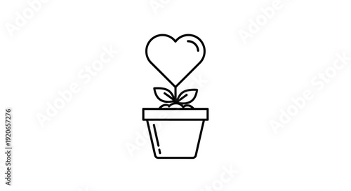 Simple black line drawing of a potted plant with a heart-shaped leaf.