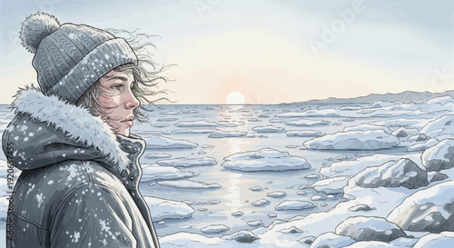Solitary woman in winter landscape watching the sunset over ice floes.