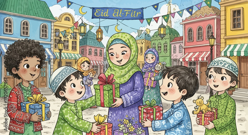 Happy Muslim family celebrating Eid Al-Fitr and exchanging gifts