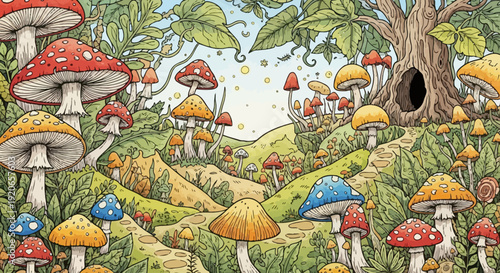 Magical mushroom forest with an enchanted path leading to a tree.